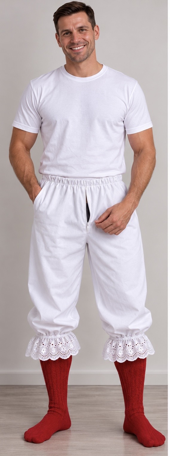 Herrenmodel mit weißer Spitzenhose, Herrenschlitz und roten Strümpfen